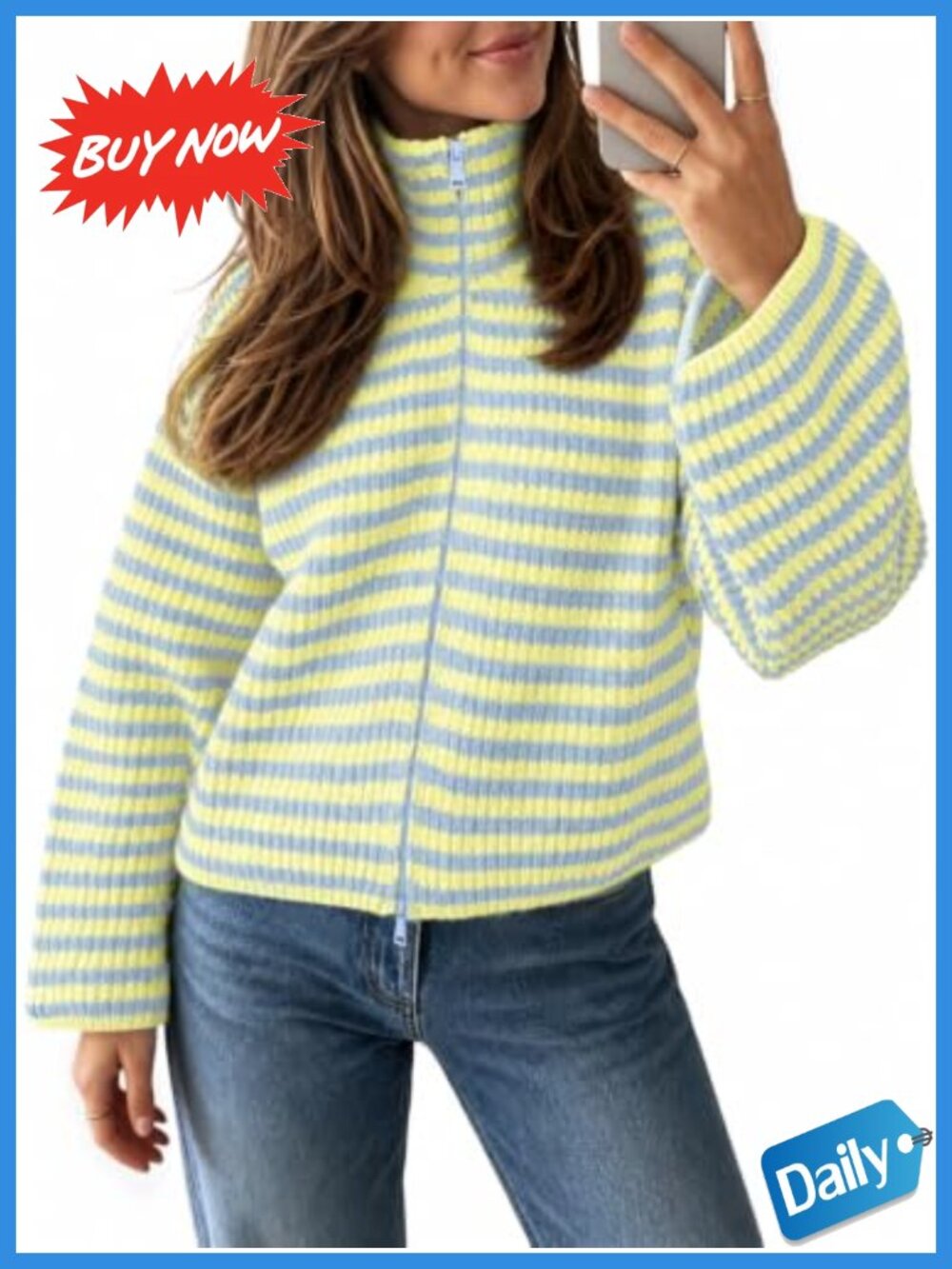 Striped Zip Up Mock Neck Knit Cardigan Loose Fit Casual Sweater